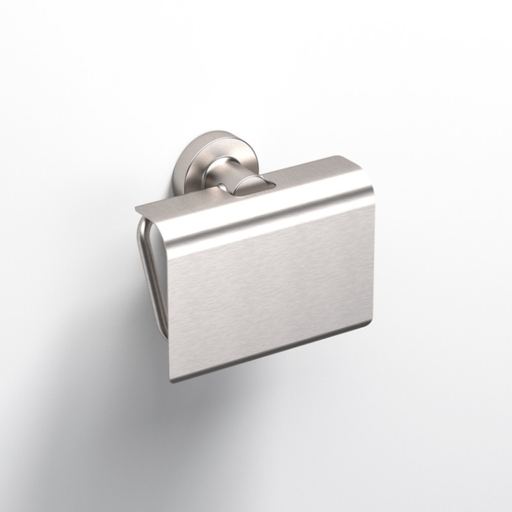 Close up product image of the Origins Living Tecno Project Brushed Nickel Toilet Roll Holder with Flap